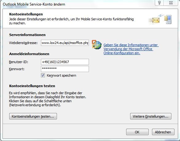 Einstellungen Outlook Mobile Service
