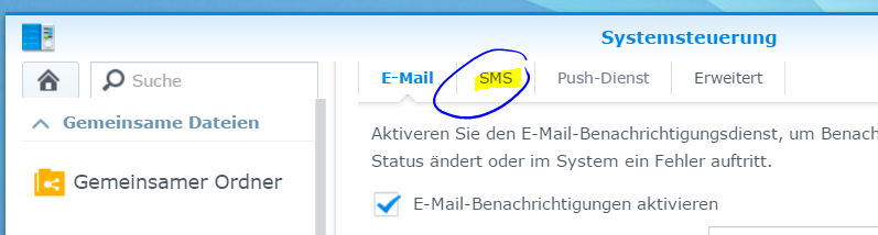 Synolgy Einstellungen SMS