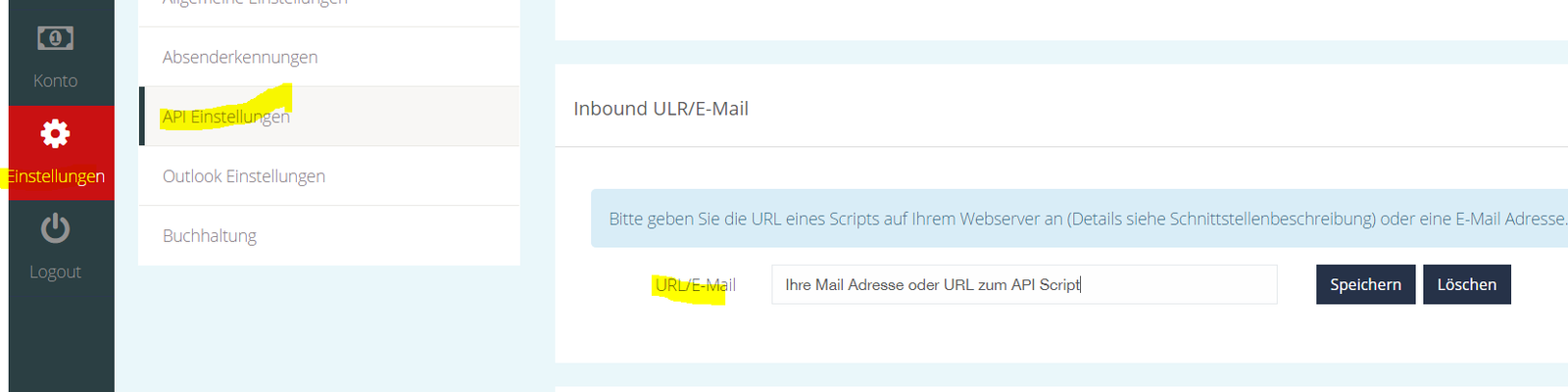 Eine E-Mail Adresse oder die URL zu einem Script auf Ihrem Server für die Antwort-SMS hinterlegen