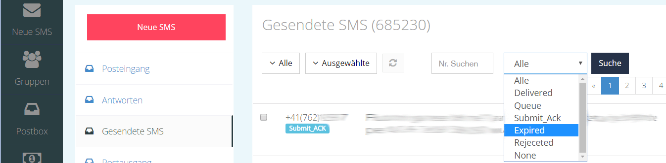 Gesendete SMS nach Zustellstatus filtern