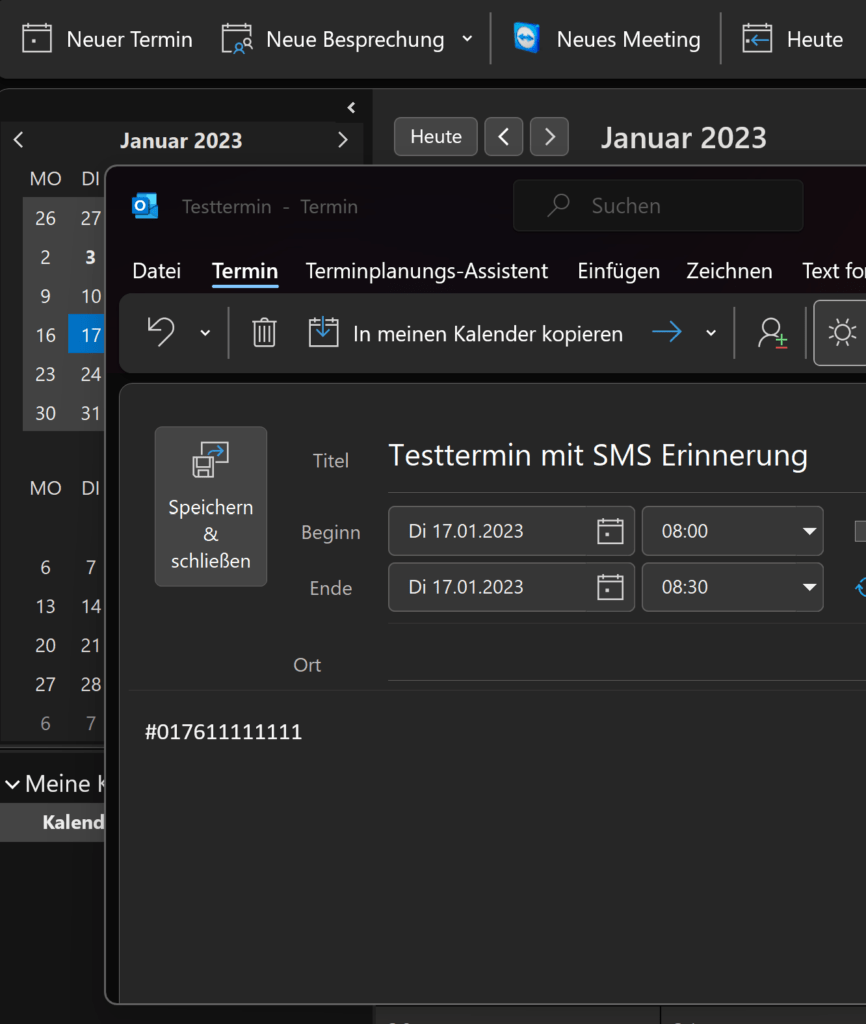 Outlook Termin mit SMS Erinnerung erstellen
