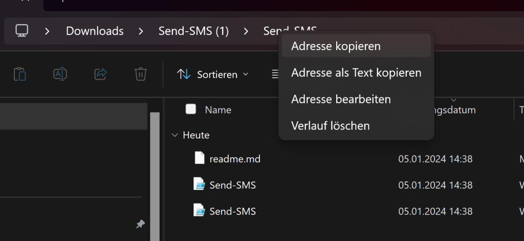 Verzeichnispfad zum PowerShell SMS Script als Text kopieren